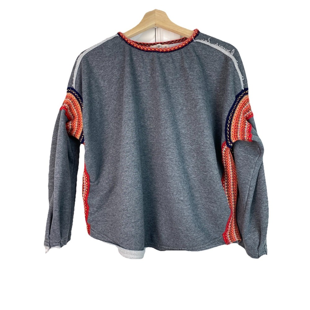 Natural Life Women's S/M Gray Terry Red Knit Boxy Oversized Boho Sweatshirt